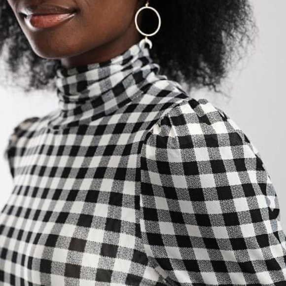 Free People Gather Turtleneck Top Black Combo Gingham Mesh Puff Sleeve M NWT - Picture 4 of 14